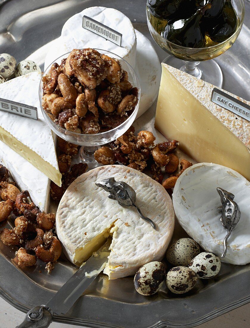 Käseplatte mit Brie und Camembert; dazu karamellisierte Nüsse und Feigen in Sirup