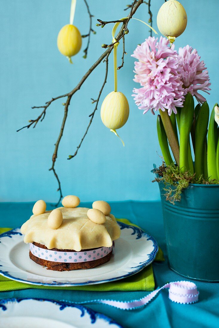 Easter simnel cake with hyacinths