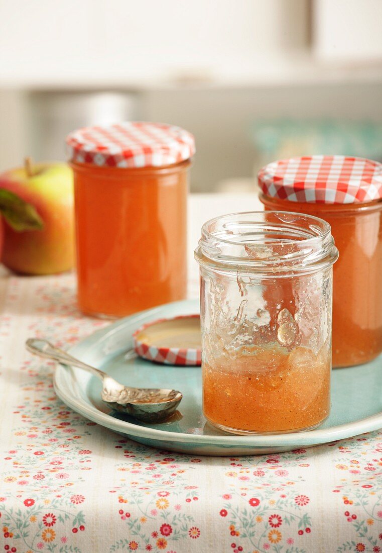 Apple jam with five spice powder in jam jars