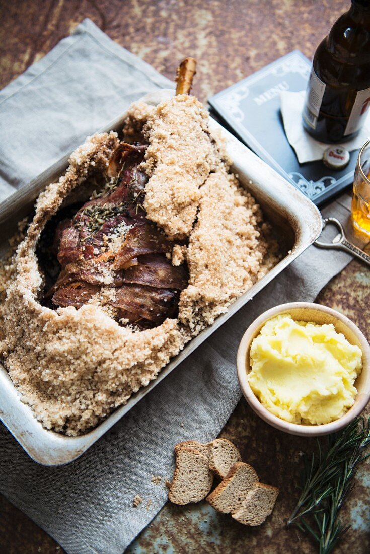 Lamb cooked in a salt crust, with mashed potato