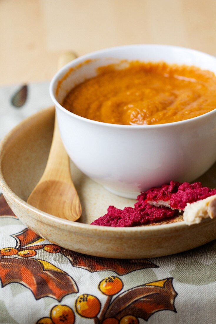 Carrot purée with tamari and peanuts and a beetroot dip
