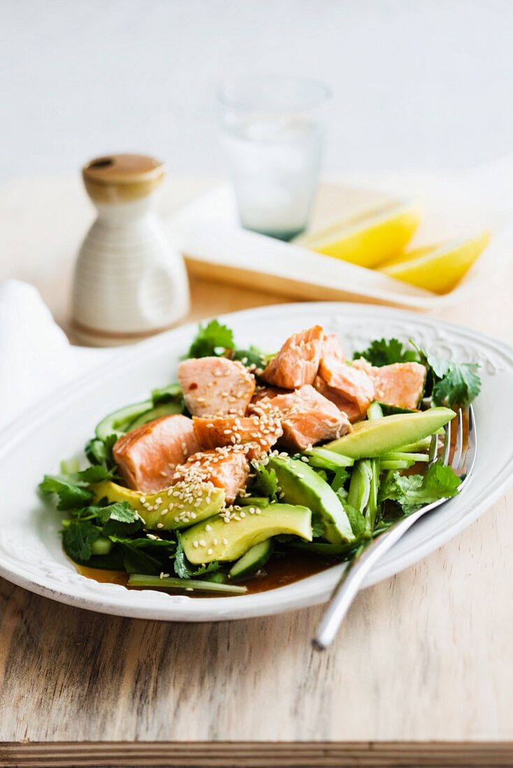 Gegrillter Lachs auf Avocado-Gurken-Salat