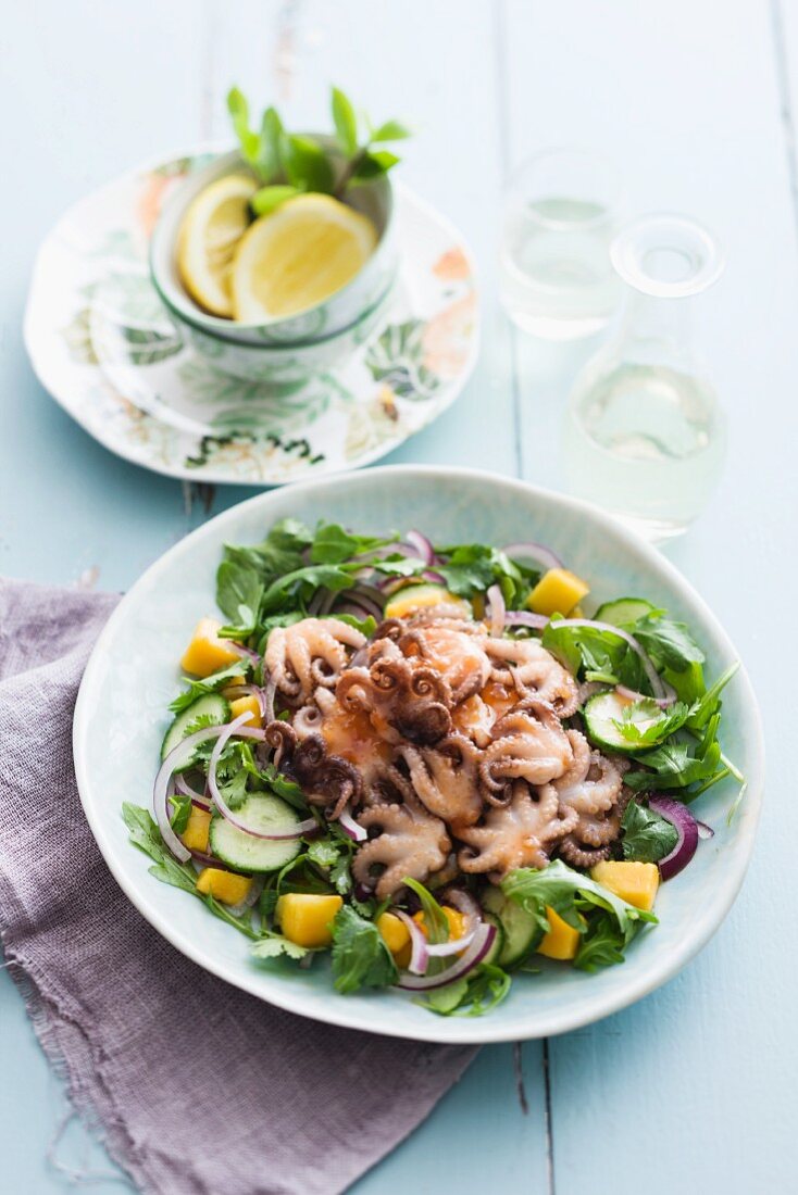 Oktopussalat mit Rucola, Mango, Gurken & roten Zwiebeln