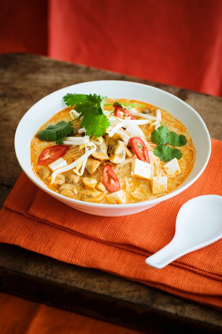 Vegetarian laksa with tofu, noodles, vegetables, chilli and coconut milk