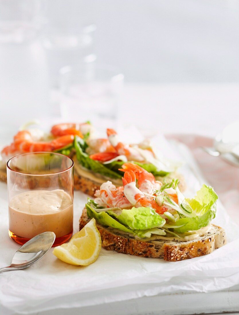 Open prawn sandwiches with anchovy mayonnaise
