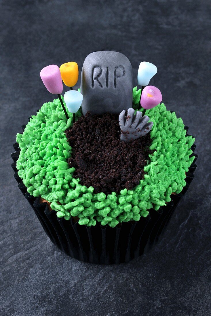 A gruesomely decorated cupcake for Halloween