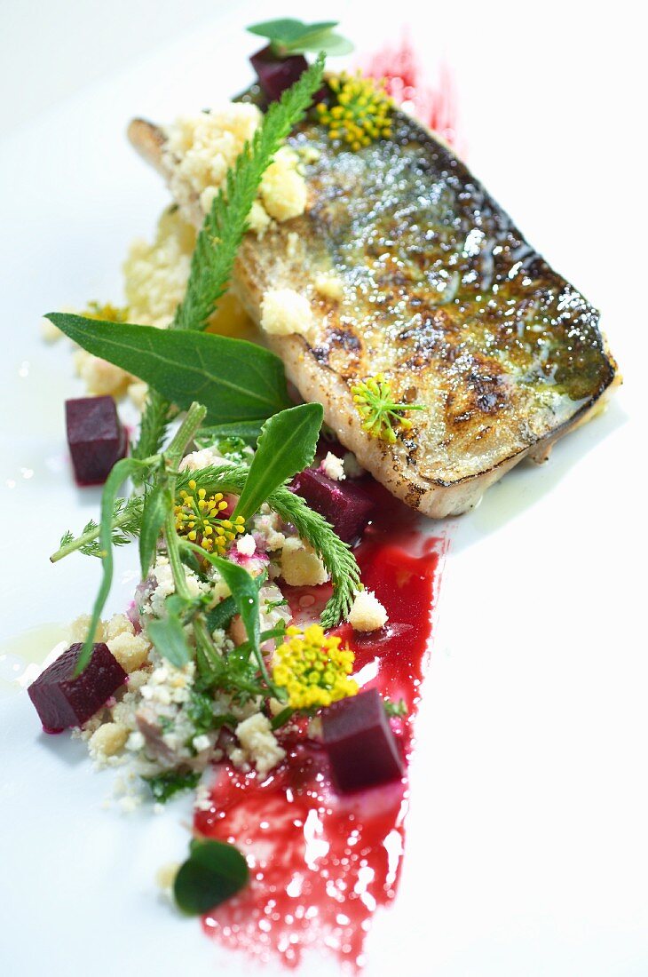 Mackerel with white chocolate and beetroot