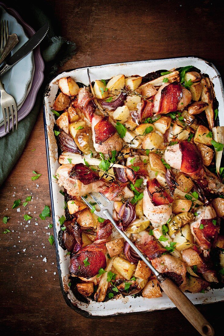 Maple Bacon chicken with potato, parsnip and apple