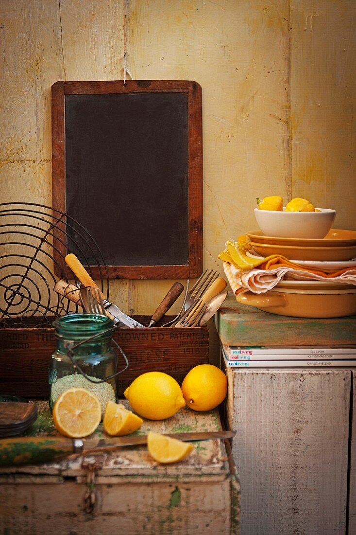 A still life featuring lemons in the kitchen