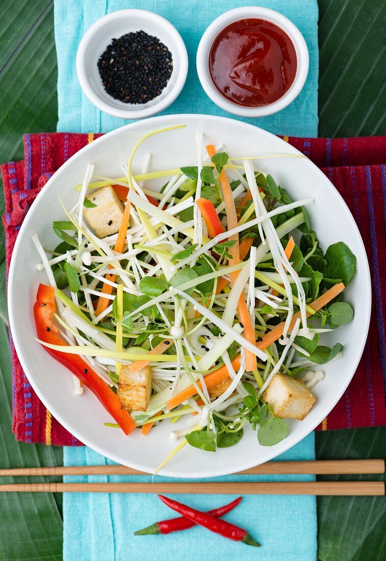 Vegetable salad with enoki mushrooms and tofu (Asia)