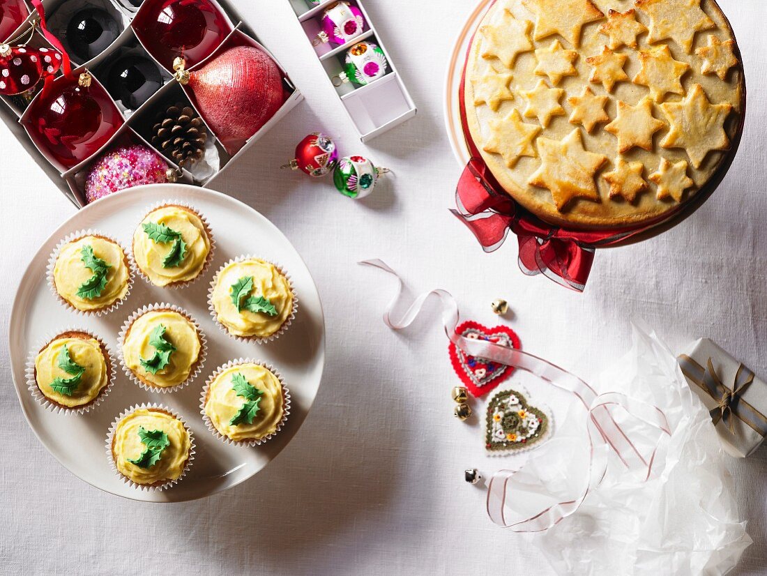 Christmas cake, cupcakes and Christmas tree decorations