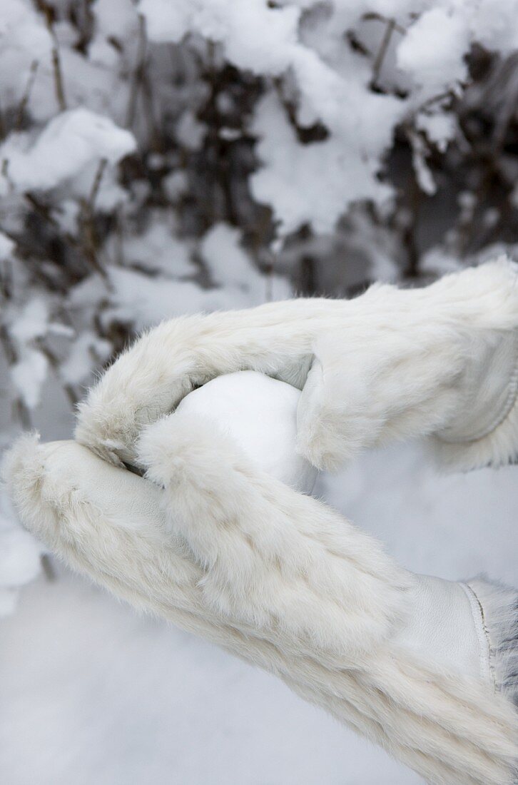 Hände mit weissen Pelzhandschuhen halten einen Schneeball