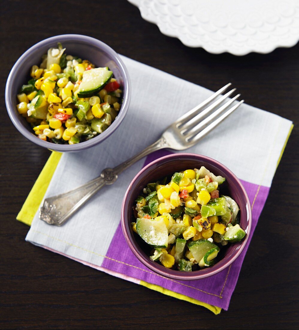 Two Bowls of Grilled Corn Salad; From Above