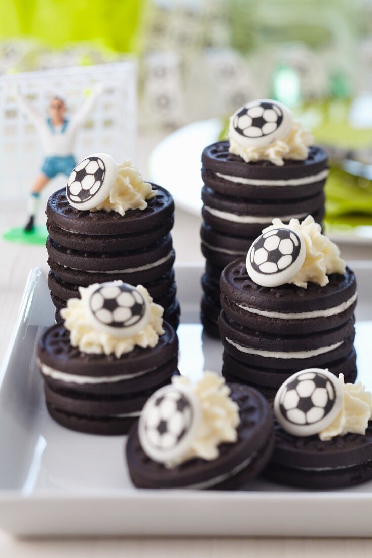 Stacks of biscuits with football decorations