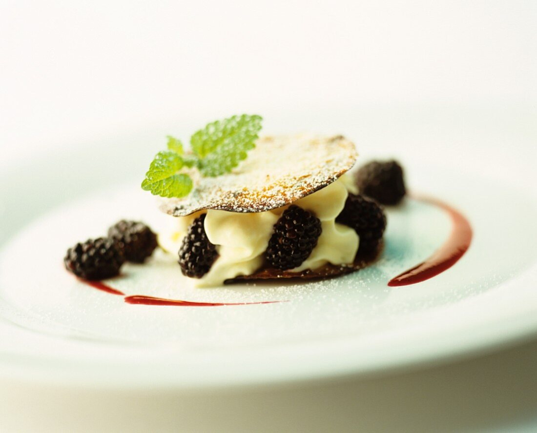 Mille feuille with cream and blackberries