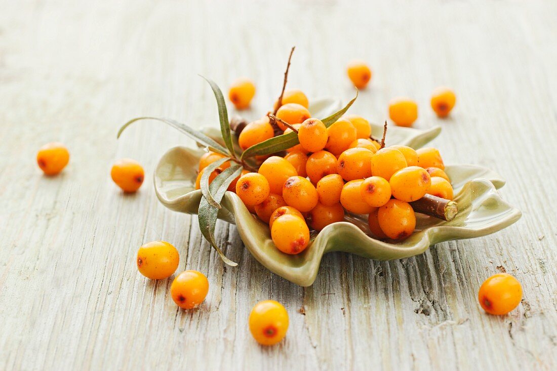 Sanddornbeeren in blattförmiger Schale