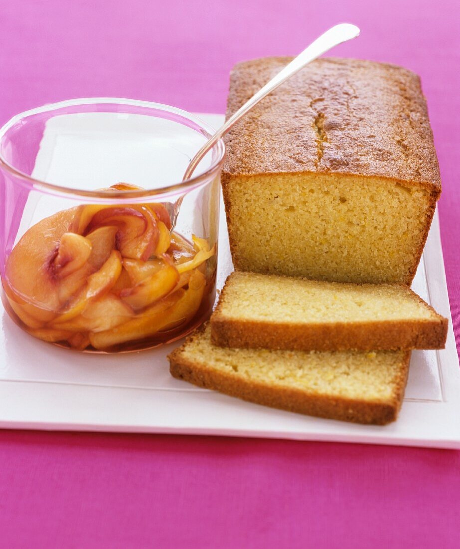 Lemon cake with stewed peaches