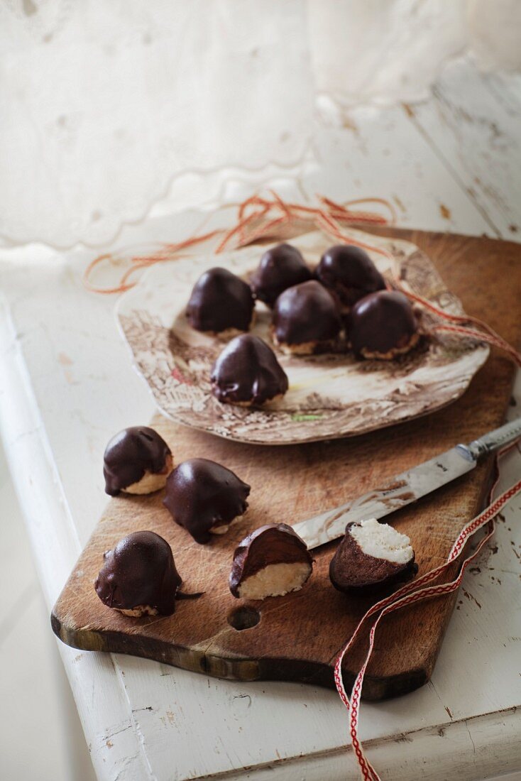 Homemade pralines with chocolate and marzipan
