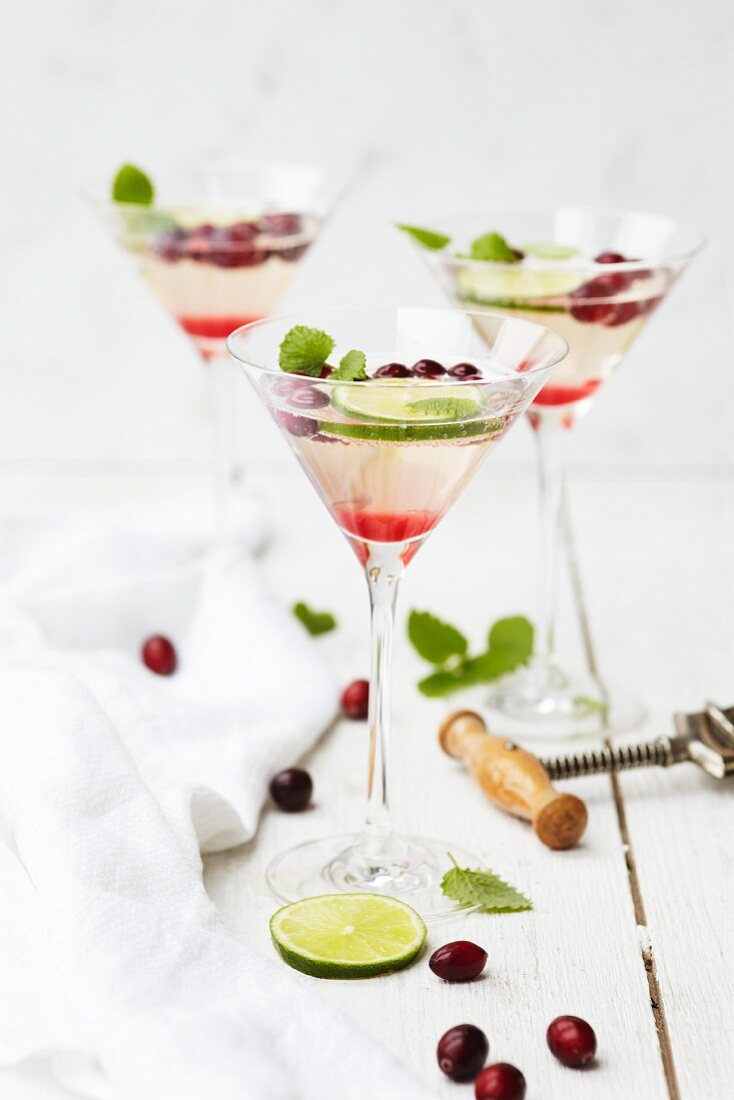 Sparkling wine with cranberries and lime