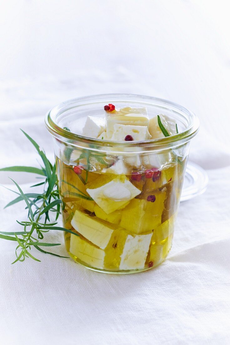 Feta cheese preserved in oil