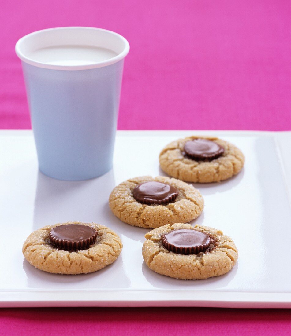 Biscuits with chocolate and a cup of milk