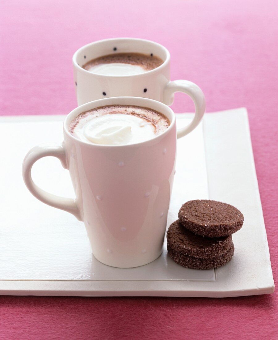 Hot chocolate with whipped cream and biscuits