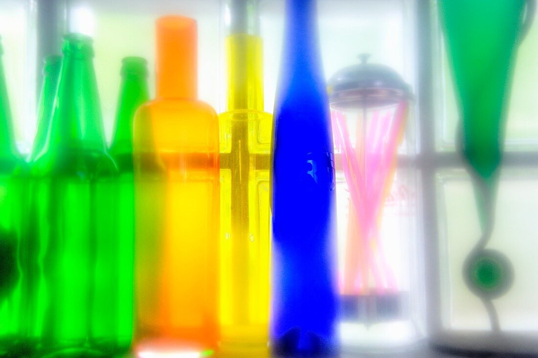 Several colourful bottles made from Murano glass