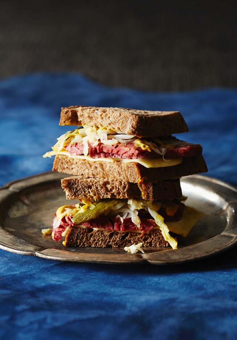 Reuben sandwiches, stacked