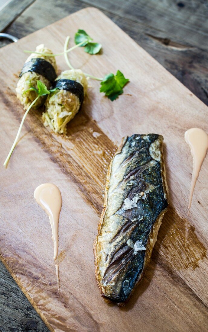 Roasted Mackerel with cabbage roulade