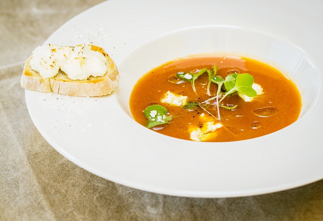 Apricot soup with goat cheese crisp and cress