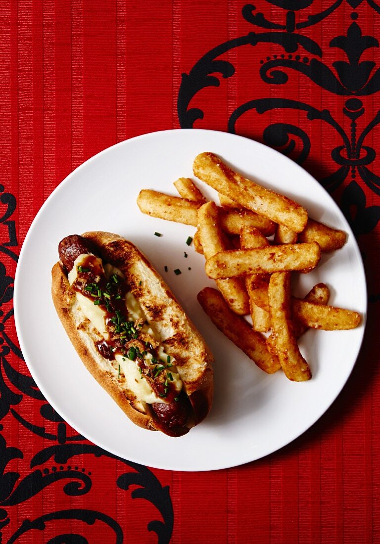 A Wagyu beef hot dog with chips