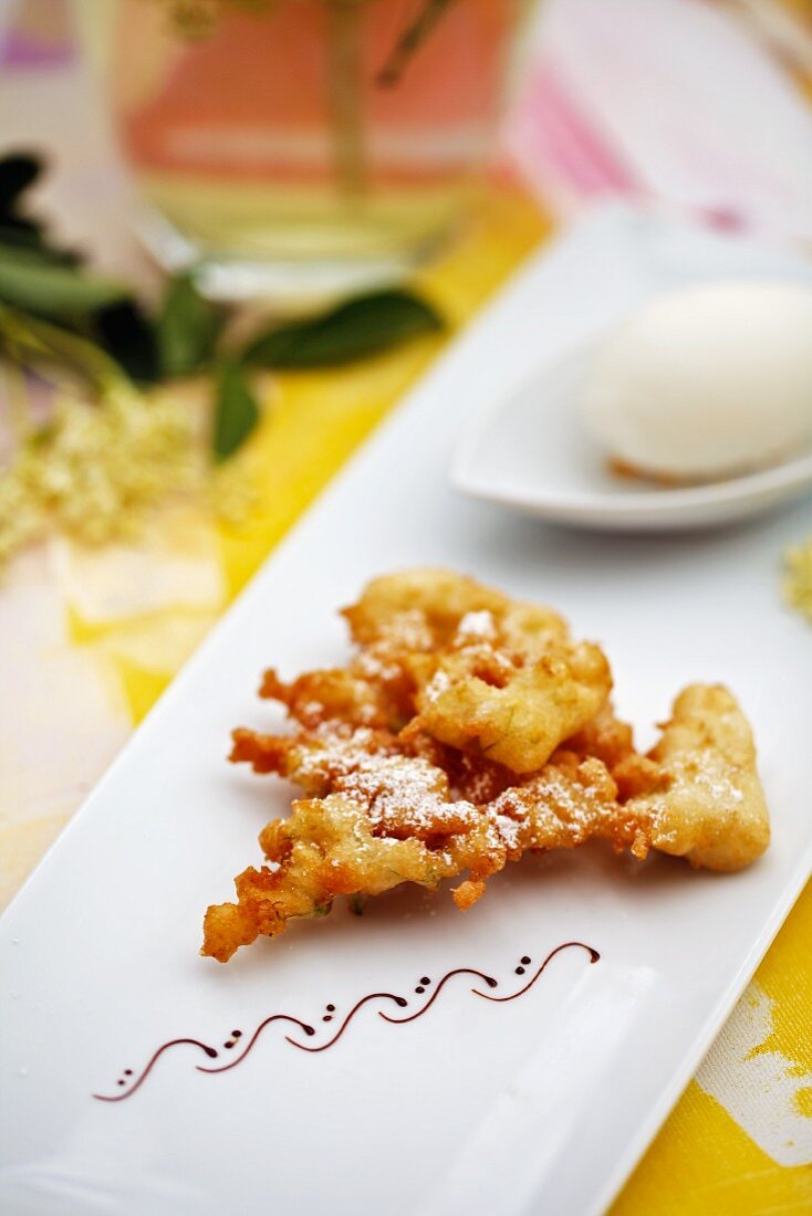 Deep-fried elderflowers with elderflower sorbet