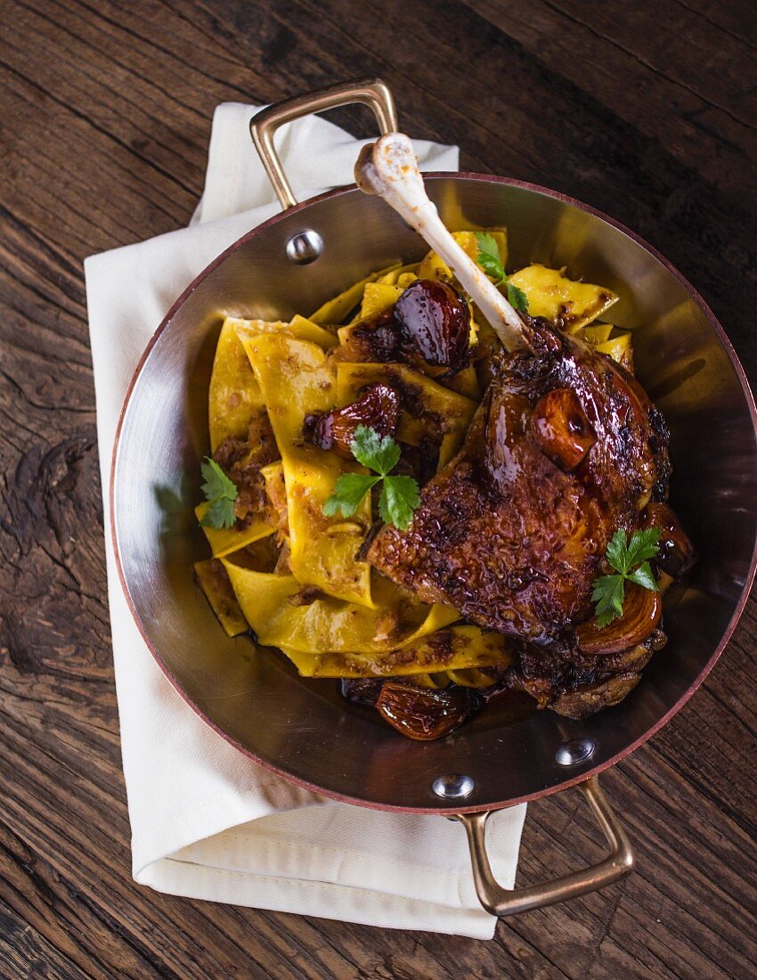 Roasted duck leg with cabbage noodles