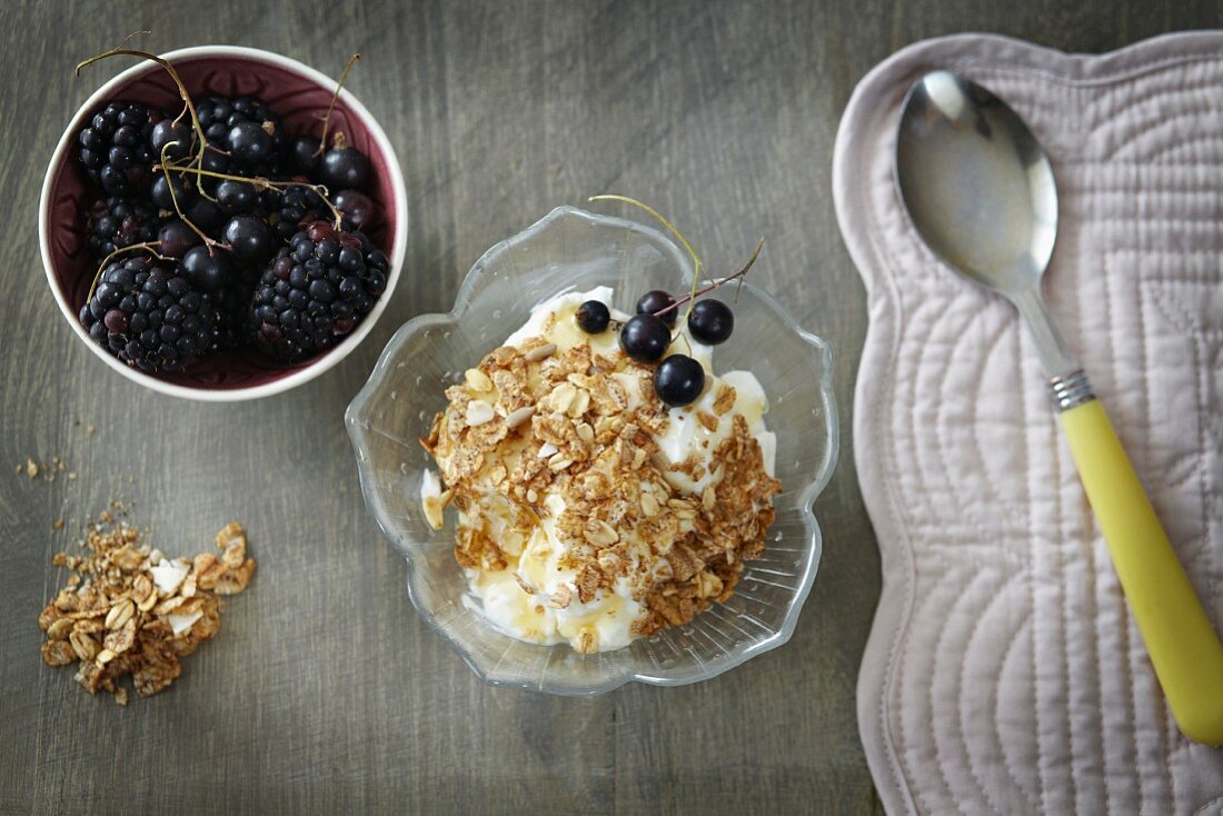 Greek yoghurt with honey, cereals and berries
