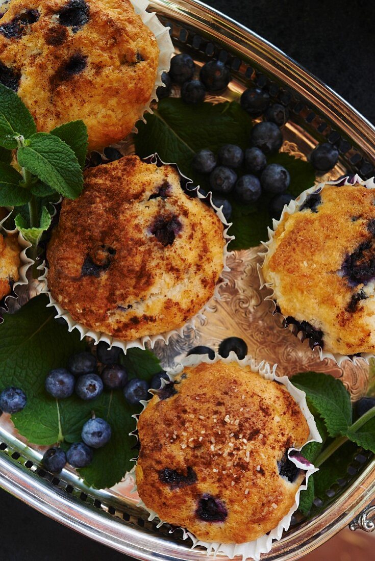 Blueberry Muffins on a Silver Tray