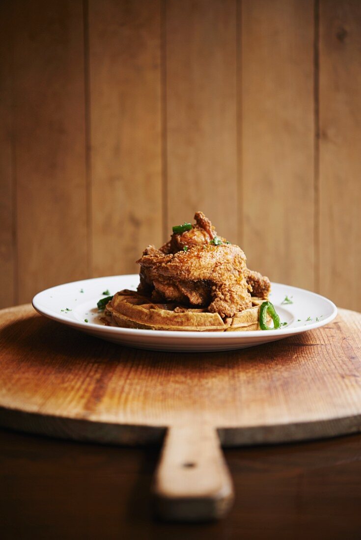 Fried Chicken and Waffles with Bourbon Maple Syrup and Jalapenos