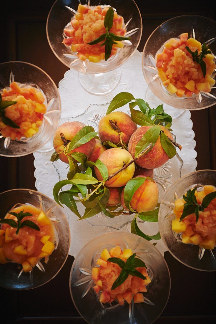 Peach Granita Garnished with Mint and Fresh Chopped Peaches