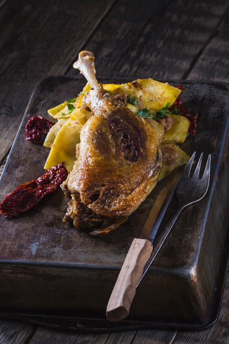 Duck leg with cabbage noodles