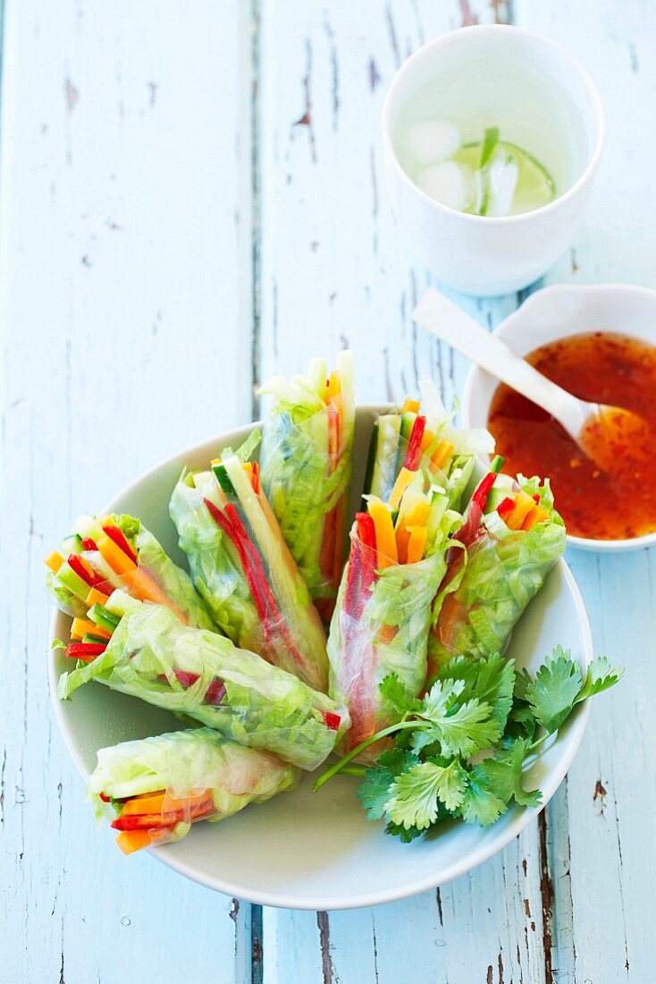 Rice paper rolls filled with vegetables and served with sweet & sour sauce