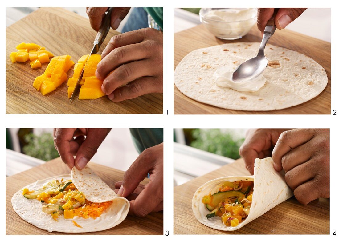 Wraps mit Mango und Hähnchenfleisch zubereiten