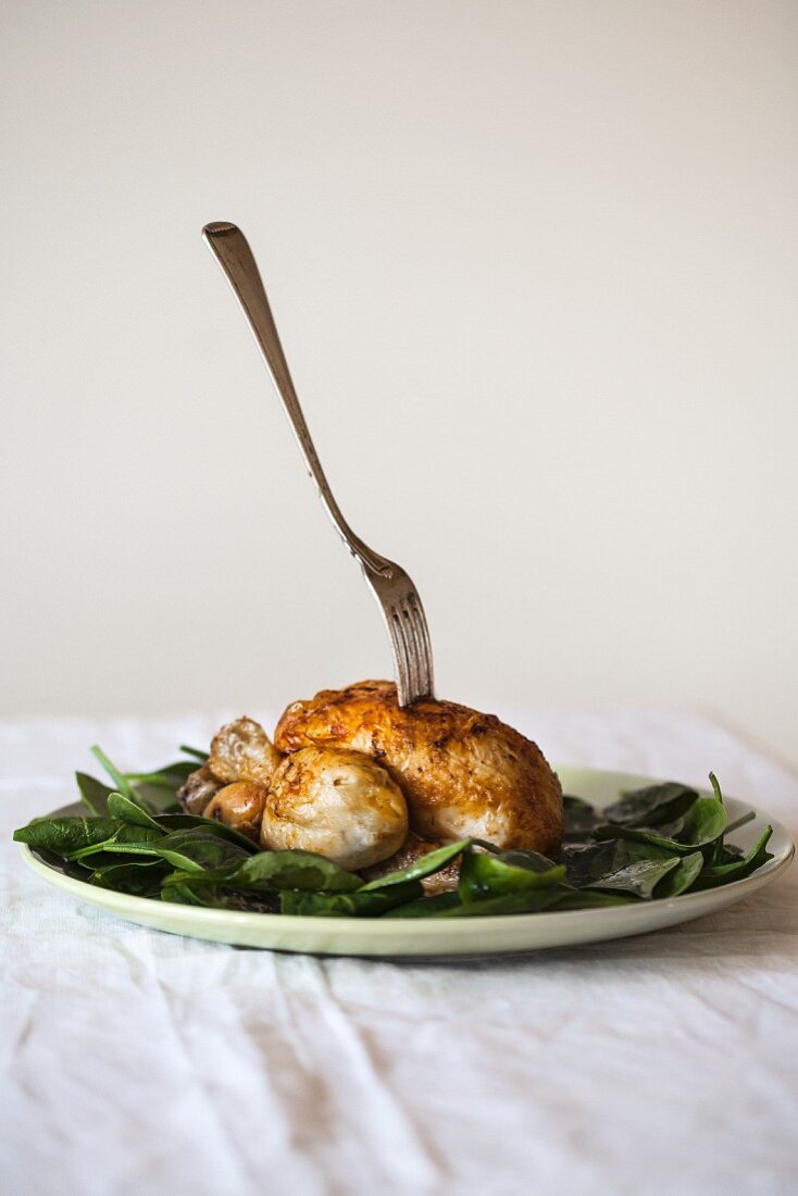 Roast chicken with a fork on fresh spinach