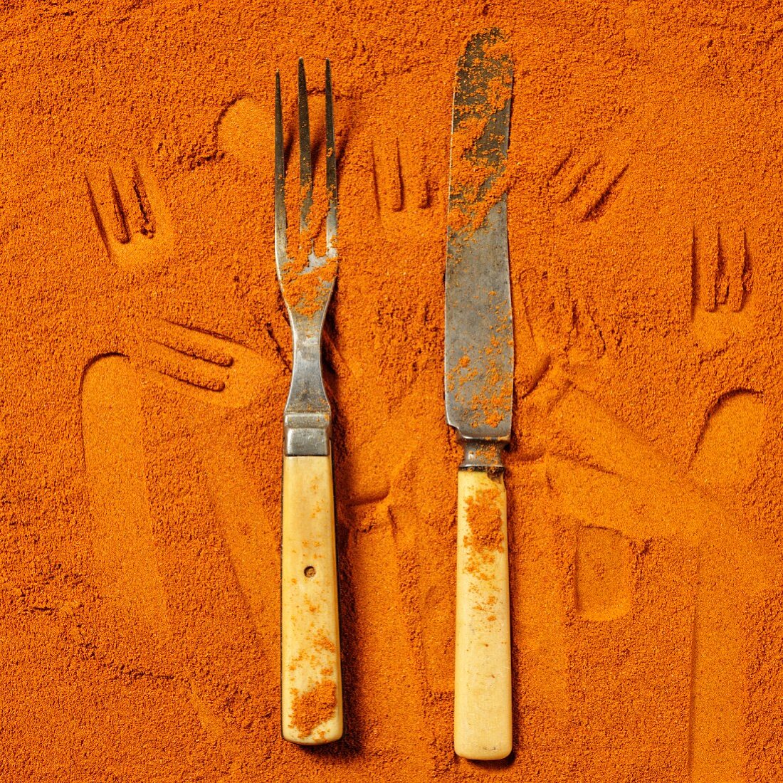 A knife and fork in ground spices