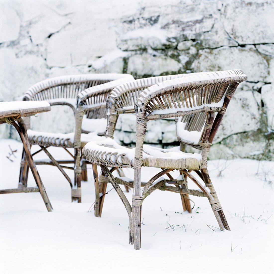 Wicker chairs in snowy garden