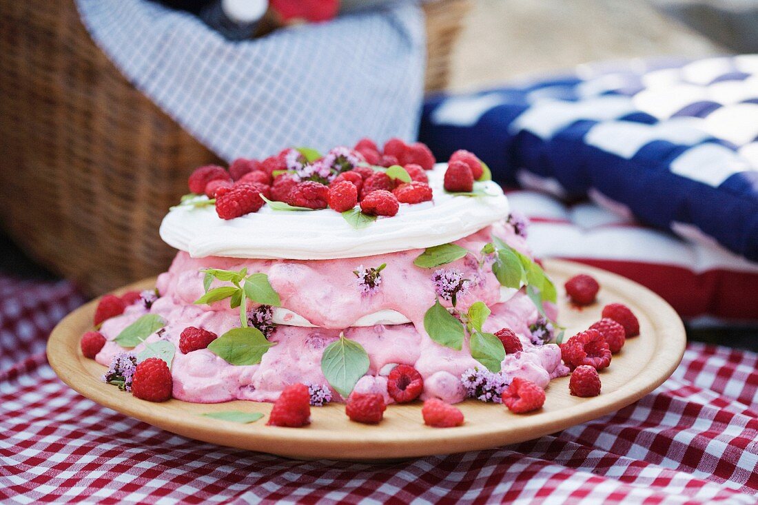 Meringue cake with raspberries, Sweden.