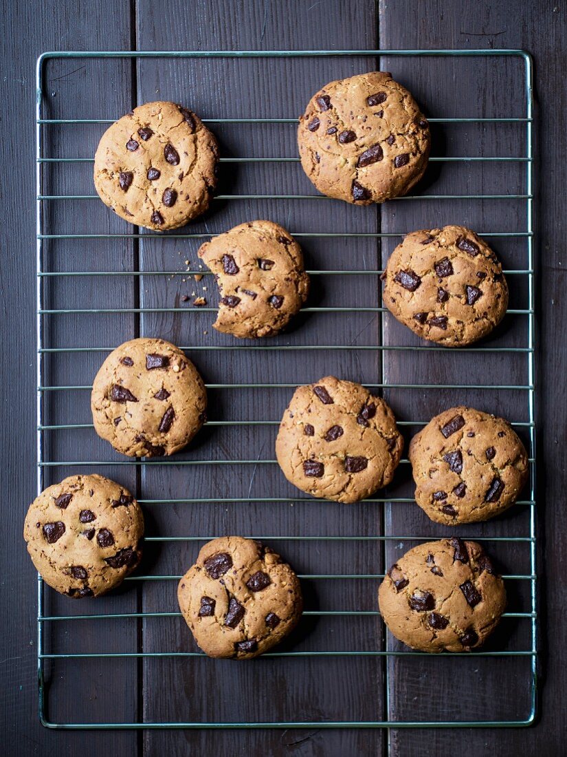 Freshly baked peanut butter chocolate chip cookies.