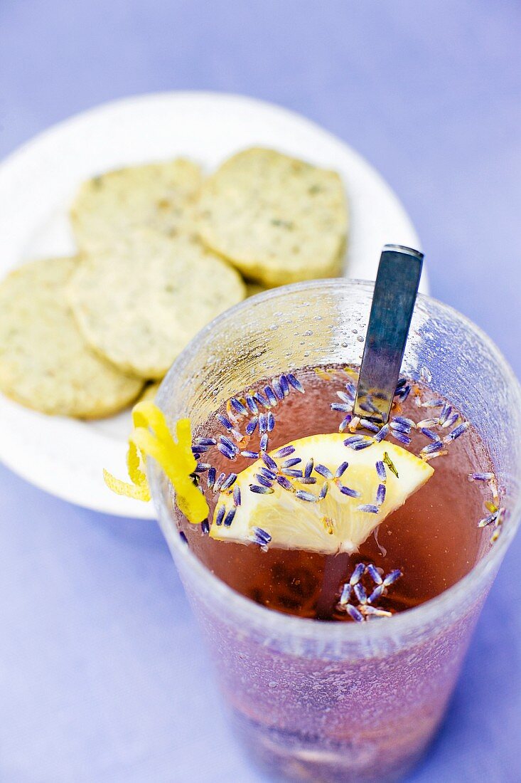 Lavender drink with snacks