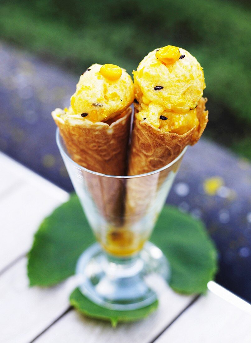 Ice cream cones in glass, close-up