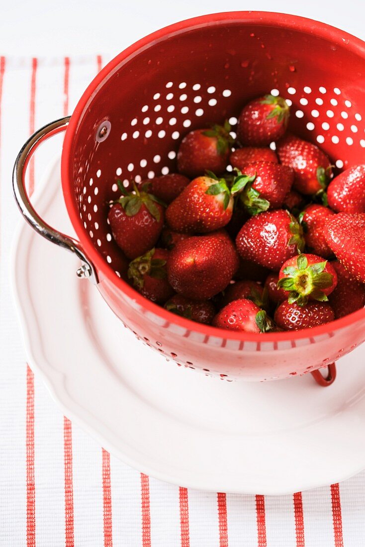 Frisch gewaschene Erdbeeren in einem Sieb