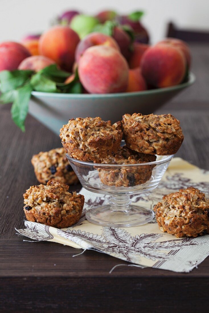 Small oat breakfast cakes with seeds, cashew nuts & dried berries and apples