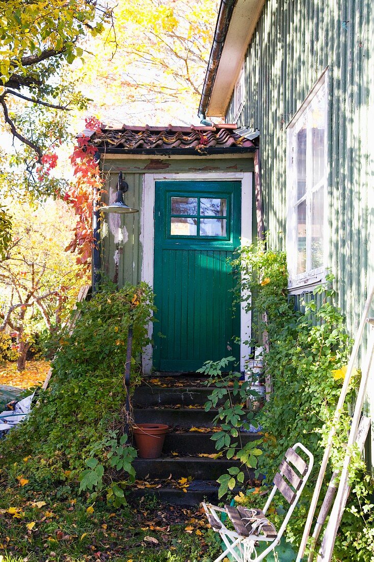 Grünes Holzhaus mit kleinem Anbau zum herbstlichen Garten